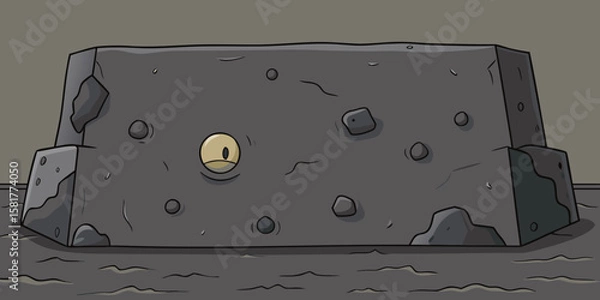Fototapeta Cartoon Illustration of a Stone Block Monster with a Single Eye in a Dark Cave Setting