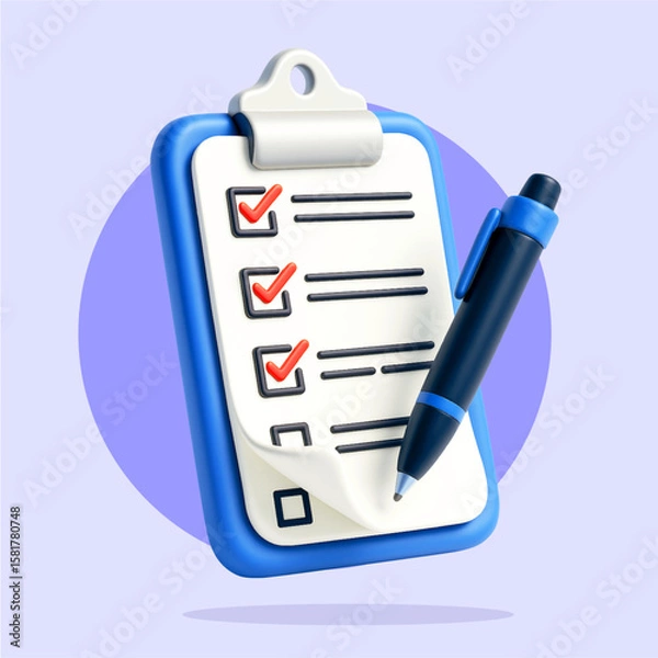 Obraz 3d clipboard icon with Check List and pen vector illustration