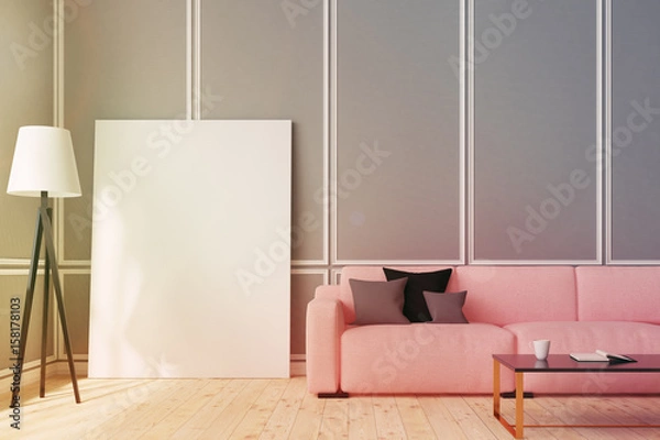 Fototapeta Pink sofa living room, vertical poster, toned