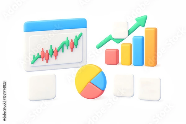 Fototapeta 3D Stock Market Analysis in PNG transparent background with Growth Charts and Financial Investment Data.