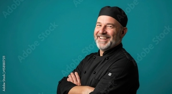 Fototapeta Smiling chef in black uniform against a blue background