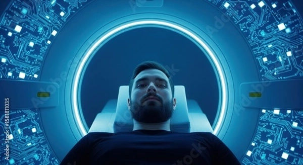 Fototapeta Man undergoing medical scanning in advanced machine setup