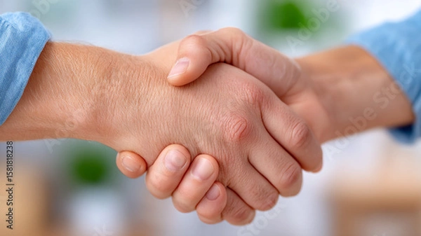 Fototapeta Two people shaking hands in a gesture of agreement and partnership