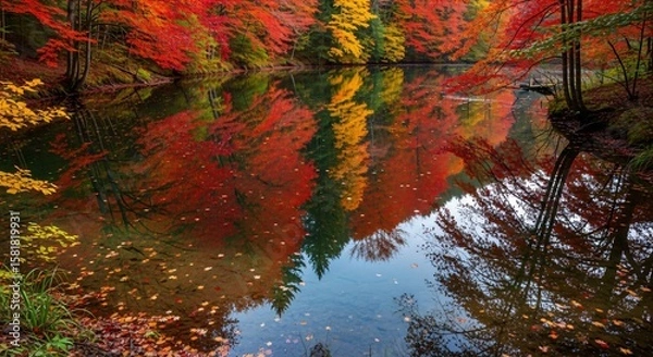 Obraz Colorful autumn forest with red and orange foliage reflected in the calm water of a river landscape season nature vibrant beautiful scenery