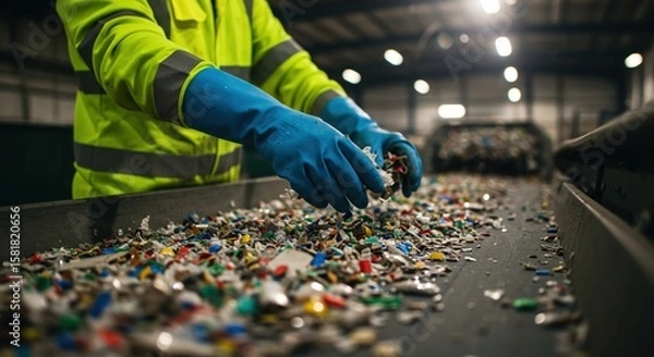 Fototapeta Worker sorting mixed plastic pieces on conveyor belt system