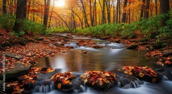 Obraz A golden sunset over a tranquil stream flowing through a vibrant autumn forest with colorful leaves on the water nature landscape fall
