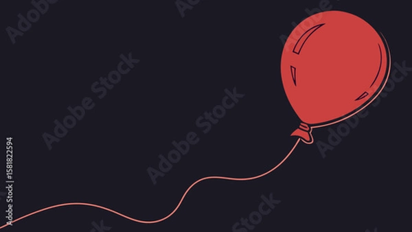 Fototapeta A red isolated balloon with a string on a dark black background vector illustration.