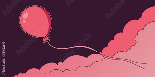 Fototapeta A red isolated balloon with a string on a dark purple pink background vector illustration.