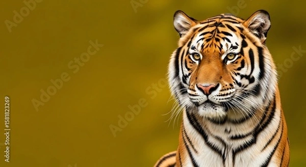 Obraz A close-up portrait of a powerful bengal tiger looking intensely at the camera on a solid gold background wildlife animal predator cat