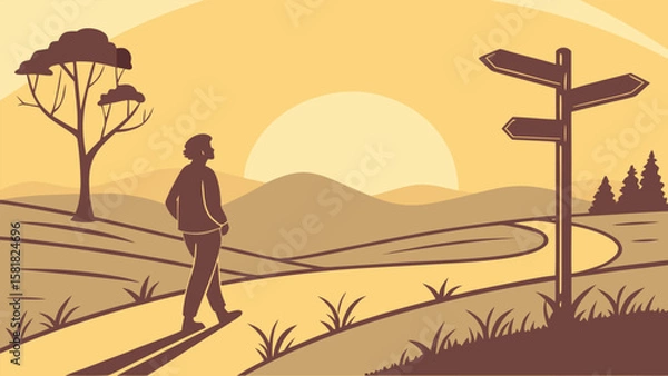 Fototapeta Silhouette of a person walking a rural path at sunset, facing a three-way signpost, symbolizing choices and new beginnings, in a minimalist, vintage style.