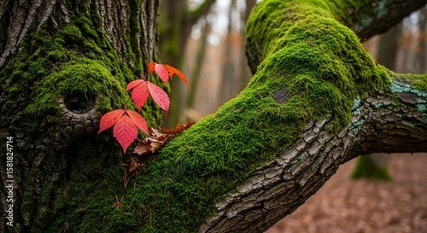 Obraz A close-up of a mossy tree branch with vibrant red autumn leaves against a dark forest background nature detail texture contrast fall
