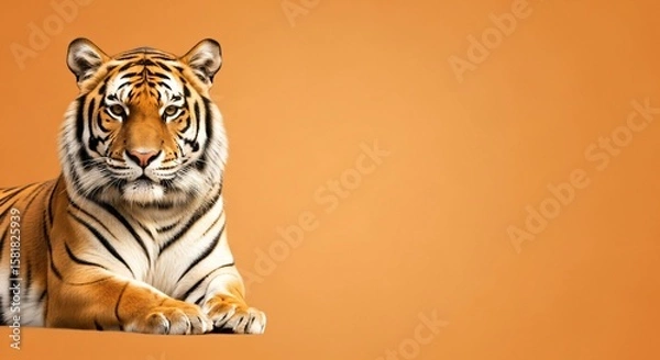 Obraz A full body shot of a bengal tiger lying down looking at the camera on a plain orange background wildlife animal big cat predator studio