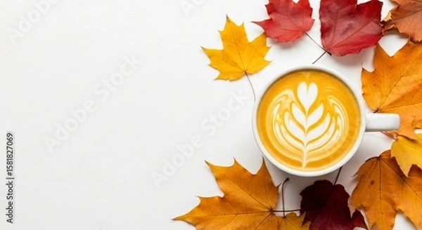 Obraz A top view of a cup of coffee with latte art next to raspberries and autumn maple leaves on a white background cozy fall morning drink