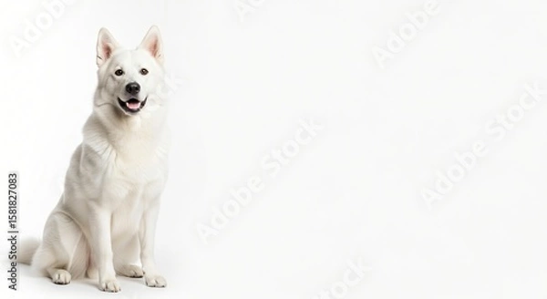Obraz A beautiful white shepherd dog sitting patiently and looking at the camera on an isolated white background studio portrait pet animal loyal