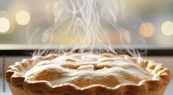 Obraz A close-up of a delicious hot pie with steam rising against a warm bokeh background comfort food baking dessert fresh homemade treat