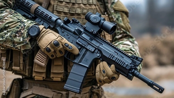 Fototapeta Detailed View of Modern Combat Rifle Held by Soldier in Camo and Vest, Emphasizing Military Readiness and Precision

