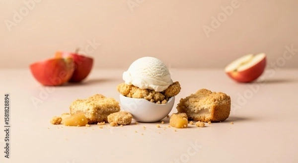 Obraz A deconstructed dessert with egg-shaped mousse cakes apple pieces and crumble on a pink background fine dining sweet food photography art