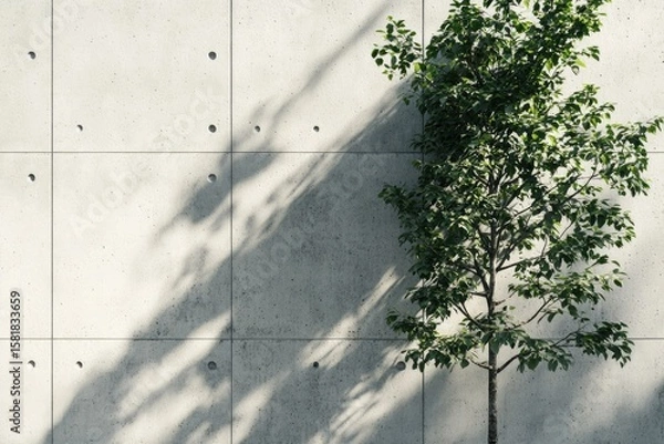 Fototapeta A small tree casts shadows on a light beige concrete wall