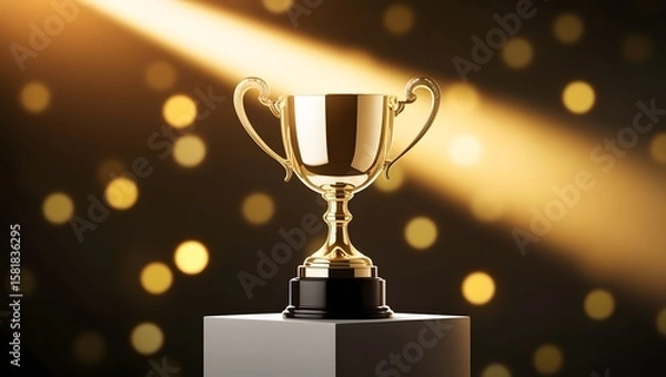 Fototapeta Golden Trophy Cup Under Spotlight on Black Background
