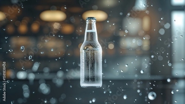 Fototapeta Floating Clear Glass Bottle with Suspended Water Droplets in a Modern Bar Setting with Warm Ambient Lighting