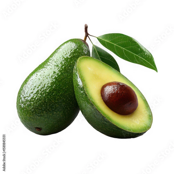 Fototapeta A ripe avocado, halved, showing seed, with another intact, and green leaves against a black background