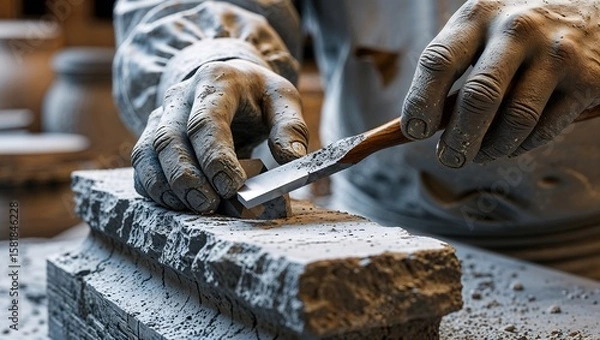 Fototapeta Close-Up of a Stonemason's Hands Carving Grey Stone with a Chisel, Capturing the Texture and Craftsmanship