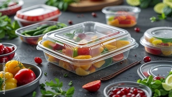Fototapeta High-Angle View of Packaged Gourmet Meals in Clear Plastic Trays with Fresh Vegetables and Cooked Proteins