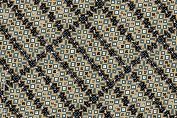 Fototapeta Intricate geometric pattern, blue and beige, elegant square design, luxurious textiles, vintage wallpaper, modern geometric decor, stylish home patterns