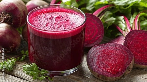 Fototapeta Fresh Beetroot Juice in Glass Isolated on White Background at Tilted Angle