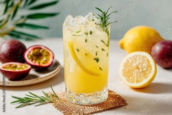 Fototapeta Glass of refreshing passion fruit lemonade with ice, rosemary, and lemon wedges, accompanied by fresh passion fruits
