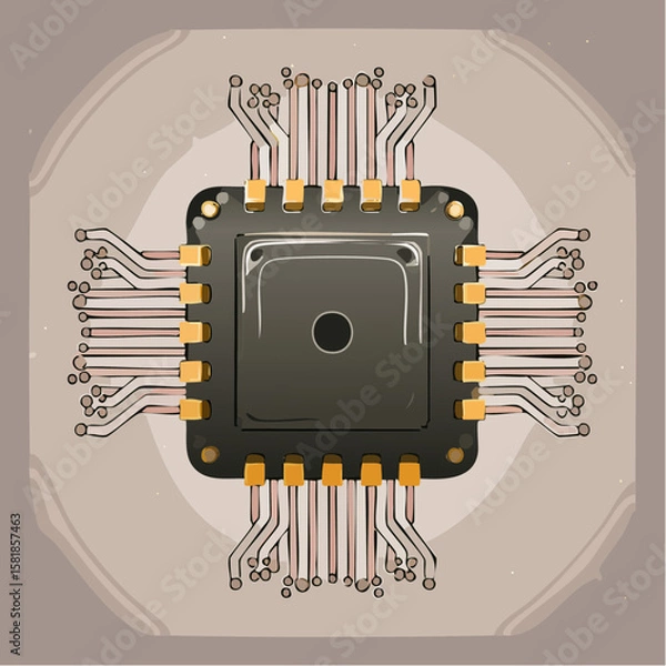 Fototapeta Minimalist vector illustration of a microchip with abstract circuit lines extending outward on a white background. Clean, modern design representing digital technology and innovation.