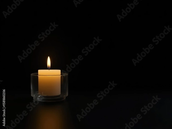 Fototapeta Single lit candle in a clear glass holder against a stark black background, creating a sense of peace