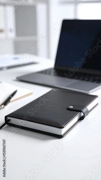 Fototapeta Office desk with laptop, notebook, and pen