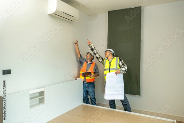 Fototapeta Two construction workers wea safety vests and helmets discussing and inspecting a wall in an indoor renovation or maintenance project with modern interior design