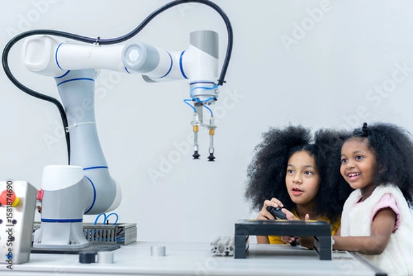 Fototapeta Kid female teen child enjoy Machine Learning Robot arm is Moving Under Control robot at technology class, stem education robot arms for digital automation software for artificial intelligence ai