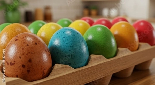 Fototapeta Colorful easter eggs displayed in a wooden carton close up