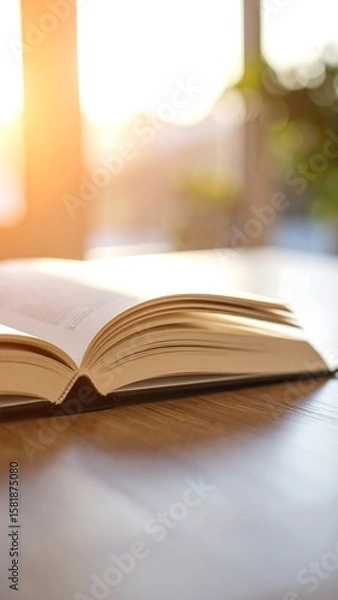 Fototapeta Open book on a table, sunlight through window