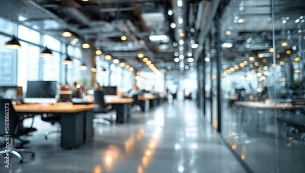 Obraz Blurred office interior background with a blurred door and glass wall, blurry bokeh light effect for a business concept design. High-quality photo, taken with a telephoto lens in realistic daylight.