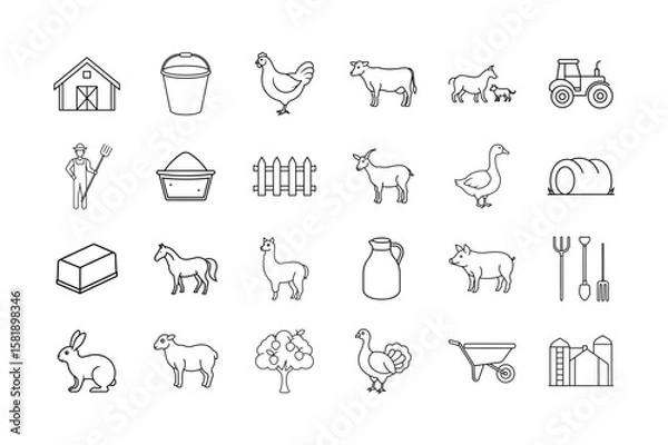 Fototapeta Livestock Farming Vector Icon Set. Farm, Animals, Cow, Chicken, Goat, Pig, Sheep, Horse, Tractor, Fence, Barn, Milking, Agriculture, Farming Tools, and More. Editable Line Icons. Vector Illustration.