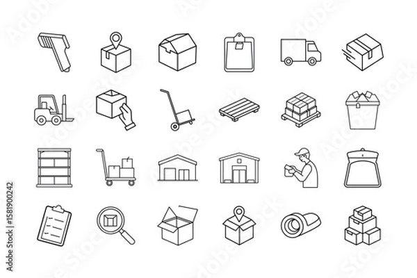 Fototapeta arehouse & Inventory Vector Icon Set: Barcode, Shipping, Packaging, Inventory, Delivery, Truck, Storage, Pallet, Warehouse Management, Supply Chain, and More. Editable Line Icons. Vector Illustration.