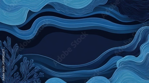 Fototapeta Abstract deep blue layered waves with marine flora