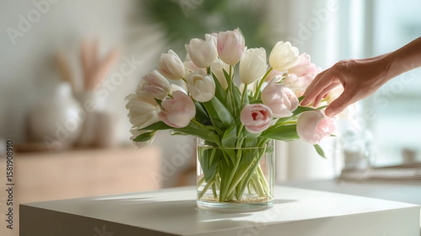 Fototapeta Hand Arranging Elegant Pink and White Tulips in a Glass Vase on a Table