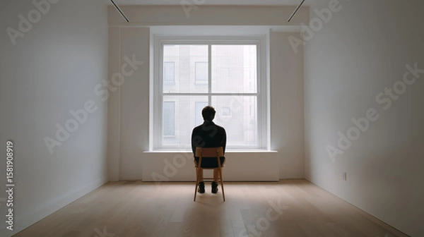 Fototapeta Minimalist Room with Person Sitting in Chair by Large Window