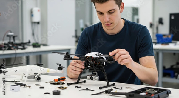 Fototapeta Man assembling drone components with precision tools in technical workshop. Engineering and robotics development. STEM education and technology training services
