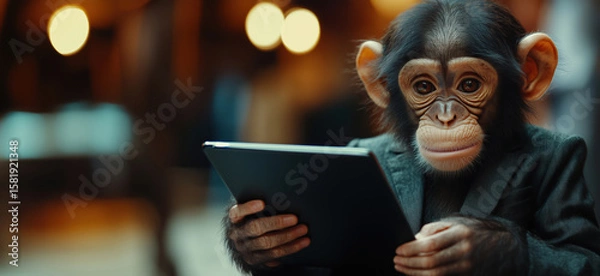 Fototapeta Chimpanzee in Suit Using Tablet Device in Modern Setting.