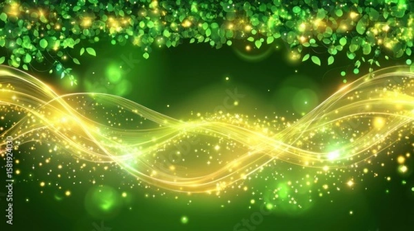 Fototapeta Abstract glowing green and yellow background with wavy lines