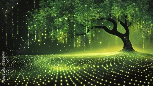 Fototapeta Enchanting, glowing green tree and field