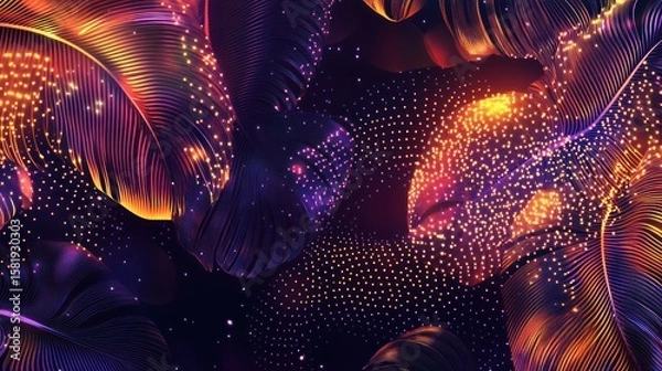 Fototapeta Abstract digital art with vibrant leaves and glowing shapes