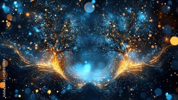 Fototapeta Two symmetrical glowing trees against a starry night sky