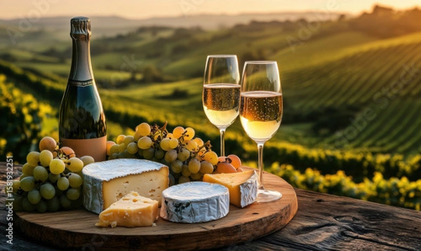 Fototapeta Wine and cheese pairing with sparkling wine, fresh grapes, and scenic vineyard background.